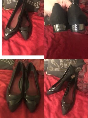 Puntera plana Marc Joseph talla 9 puntiaguda. Seda negra y cuero con tacones plateados. Apenas Foto 1 de 4