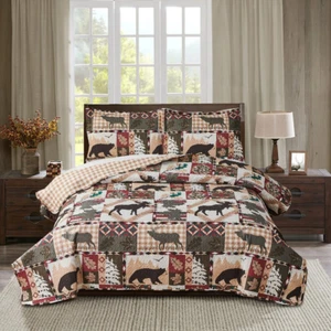 Rustic Lodge Quilt Set King Size Country Cabin Bedspread Coverlet King Moose - Picture 1 of 9