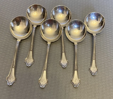 Whiting Sterling Silver Burlington 1923 Bouillon Soup Spoons Set 6 mono B 4.75" Cover