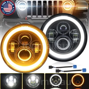 Pair 7" Inch LED Headlights Halo Angle Eyes For Jeep Wrangler JK LJ TJ CJ - Picture 1 of 12