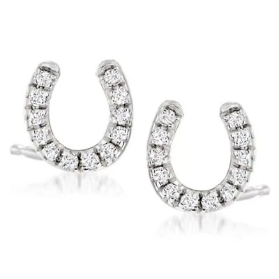 1/10CT Round Natural Diamond Lucky Horseshoe Stud Earrings 14K White Gold Plated - Image 1 of 4