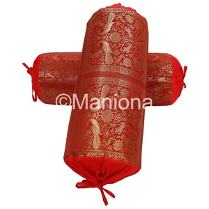 Indian Bolster Silk Red 2 pcs Elephant Print Kantha Style Bolster Yoga Tubalor - Picture 1 of 6