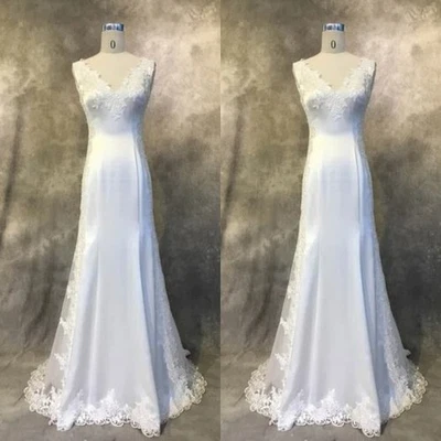 Elegant Wedding Dresses V Neck Sleeveless Lace Applique White Ivory Bridal Gown - Image 1 of 4