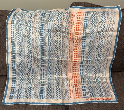 Rudi Gernreich Scarf Silk Mod Square Shapes Blue Red White 30 inches - Image 1 of 4