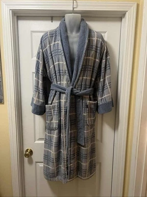 IZOD Men's Blue Plaid Fleece Robe Shawl Collar Belted Pockets One Size - Image 1 of 4