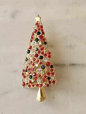 Broche prendedor árbol de Navidad diamantes de imitación, cristal dorado vacaciones invierno joyería regalo Foto 1 de 4