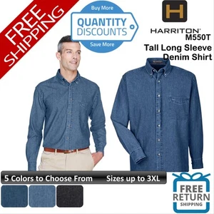 🔥 Harriton Men's Tall Long Sleeve Denim Shirt pocket Button Up To 3XLT M550T - Picture 1 of 16