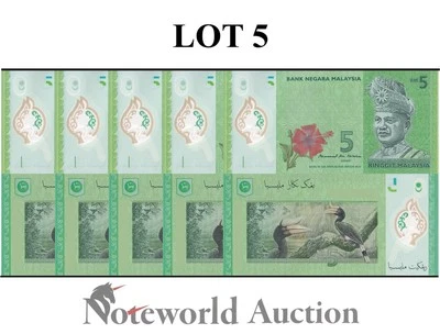 MALAYSIA 5 Ringgit 2017 P 52b Polymer Lot 5 pcs 1/20 Bundle UNC - Image 1 of 4