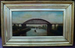 alter antiker Vintage Öl an Bord Gemälde Die Brücke Kanalboot schwerer Goldrahmen - Bild 1 von 12