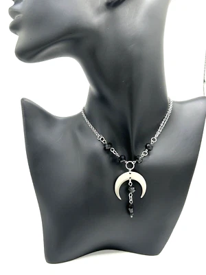 Luna creciente con collar de vidrio facetado negro gota en Y acero inoxidable Wicca gótico Foto 1 de 3
