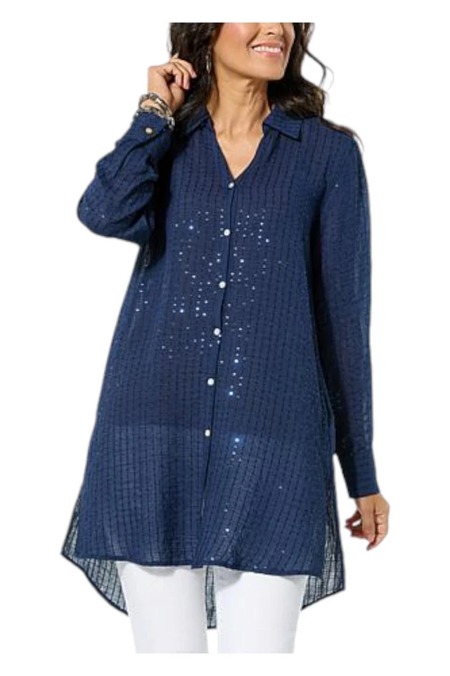 Túnica para mujer Colleen Lopez con botones delanteros lentejuelas azul marino Foto 1 de 1