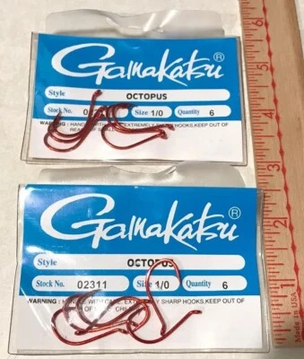 Gamakatsu OCTOPUS RED HOOKS Size 1/0 Barbed Needle Point Ringed #02311 Qty. 12 - Image 1 of 3