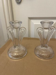 1930's Art Deco ~Bagley Glass Candlesticks Pair Candle Holders Rutland VGC - Picture 1 of 5