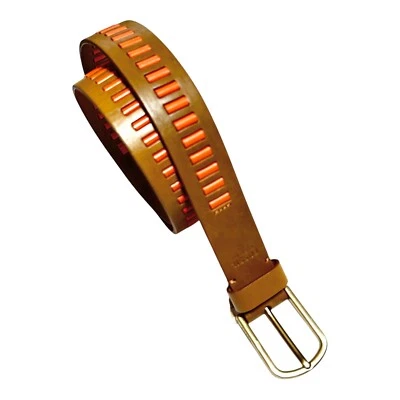 Fossil Womens Laced Jean Leather Belt L Camel Orange Brass Buckle 1.5" Wide NEW - Image 1 of 4