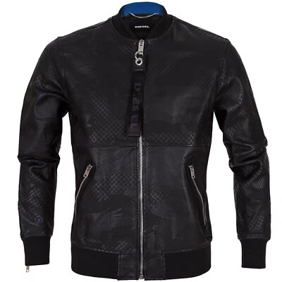 $1110 DIESEL Hombre Diseñador Texturizado Patrón Cuero Mandarín Chaqueta Bomber L Foto 1 de 4