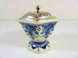 Pot couvert hexagonale faience Delft & métal argenté poinçon orfèvre H. Hooykaas - Picture 1 of 14