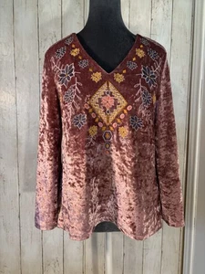 Oddy Boho bestickt Crushed Samt Top Tunika Gr. S rosa ausgestellte Ärmel Retro - Bild 1 von 12