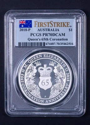 2018 Austrália Queen Elizabeth 65th Anniv Coronation $1 PCGS PR70DCAM RB516 - Imagem 1 de 2