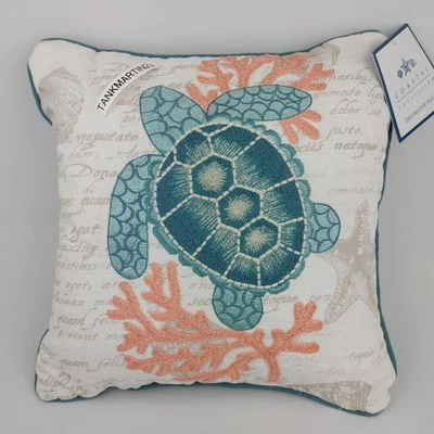 Coastal Collection Nautical Beach Embroidered Sea Turtle Coral Pillow 12" x 12" - Image 1 of 4