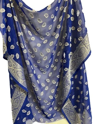 Metallic Silver Paisley Print Semi-Sheer Blue Fabric w. Silver Borders 45 x 30" - Image 1 of 4