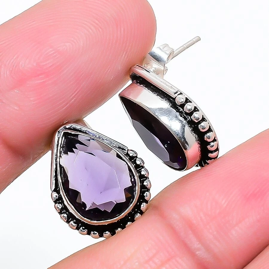 Purple Amethyst Gemstone 925 Sterling Silver Jewelry Stud Earring Size 0.75" - Image 1 of 1