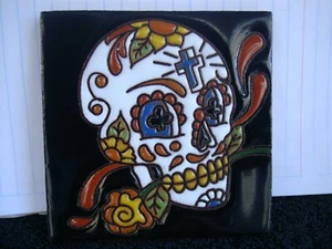 Day of Dead Sugar Skull Mexican Tile, Talavera, Dia Los Muertos, - Picture 1 of 2
