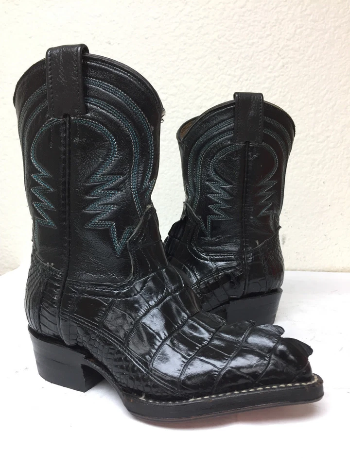 Botas vaqueras occidentales de cuero con piel de cocodrilo real negras para niños jóvenes talla 9 Foto 1 de 4