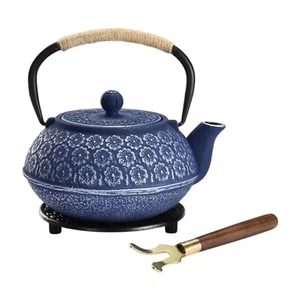 Cast Iron Tea Kettle Teapot Internal Enamel Tea Pot Blue Sakura Pot 900ml - Picture 1 of 7
