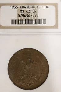 1935 MO Mexico 10 Centavos Bronze, NGC MS-63 BN Sharp Coin b1L15 - Picture 1 of 3