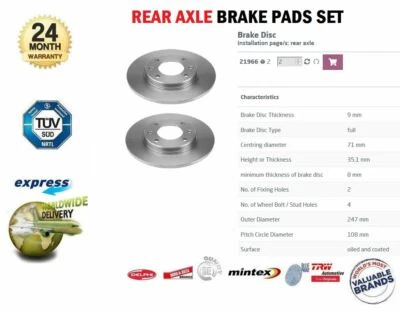 Rear Axle SOLID BRAKE DISCS for PEUGEOT 307 2.0 HDi 135 2003-2007 (Dia 247mm) - Image 1 of 4