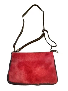 Italy-Made Crossbody Purse RED FUR Black  8.5x6in Genuine Leather Bag Unique - Picture 1 of 10