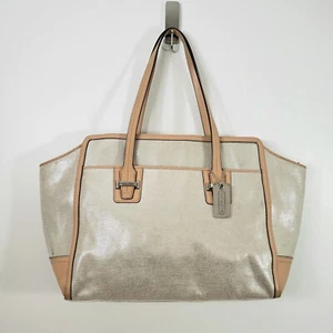 Coach Taylor Alexis Carryall Tote Satchel Bag Purse Silver Canvas Camel Leather - Picture 1 of 23