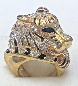 HSN KJL by Kenneth Jay Lane" Fanciful Tiger Head" Crystal & Enamel Ring Size 7 - Picture 1 of 12