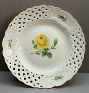 Antique German Meissen Engraved Porcelain Plate Hand Painted Yellow Rose - Picture 1 of 7