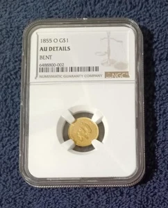 1855-O Type 2 Gold dollar, NGC AU details (slightly bent) - Picture 1 of 3