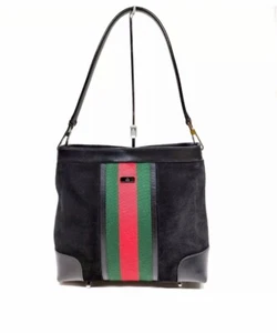 Authentic Vintage GUCCI Sherry Line Shoulder Tote Bag Purse Black Suede - Picture 1 of 9