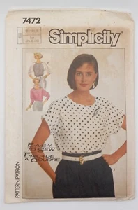 Simplicity 1986 Sewing Pattern #7472 Top Blouse Shirt Size 16 & 18 & 20 Uncut  - Picture 1 of 2
