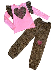 Hope Jeans girls pink and leopard print 2pc Love Is All You Need pants set 12 - Picture 1 of 4