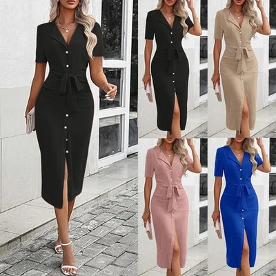 Damen Kurzarm Knopf Schlitz Midikleid Etuikleid Elegant Partykleid Sommerkleid - Bild 1 von 4