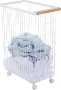Home Wire Slim Saving Rolling Wheeled Clothing Hamper Steel Wood Laundry Basket - Picture 1 of 11