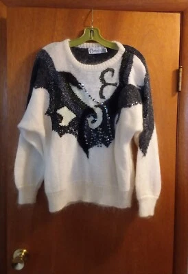 Vintage Carducci Women's Sweater Pullon Embelished Ivory Black 80's Design Sz M - Image 1 of 4
