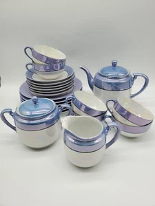Noritake Lusterware Blue Hand Painted Iridescent 23 Pieces Includes Teapot Set - Picture 1 of 9