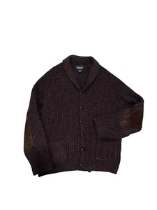 Vintage Lands End Shawl Collar Wool Sweater Knit Elbow Pads Cardigan Brown Large - Picture 1 of 7