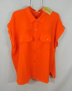 Michael Kors Womens Shirt 3X Summer Tangerine Goldtone MK Buttons Top Shirt NWT - Picture 1 of 8