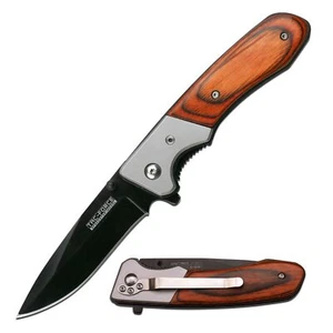 Folding Pocket Knife “ Black Stainless Steel Drop Point Blade Brown Wood Handle - Picture 1 of 8