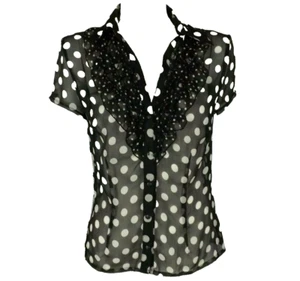 Gordon Smith Blouse Black Size 8 Cream Polka Dots Chiffon Sheer Short Sleeve - Picture 1 of 8