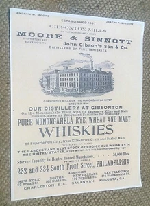 Póster publicitario de whisky de malta de trigo centeno monongahela 1894 Gibsonton PA. Moore & Sinnott Monongahela - Imagen 1 de 1