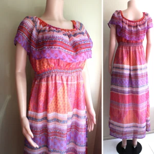 Fiesta Boho Maxi Dress XL Paisley Poly Chiffon Ruffle Neck Pink Orange Gunit - Picture 1 of 11