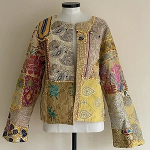 GOLD & SILVER PARIS JACKET EMBROIDERED INDIAN BOHO HIPPY FESTIVAL YELLOW MULTI M - Picture 1 of 12