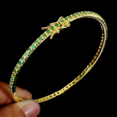 Brazalete Brazalete Esmeralda Verde Natural Corte Redondo 5Ct Chapado en Oro Amarillo 14K Plata Foto 1 de 4